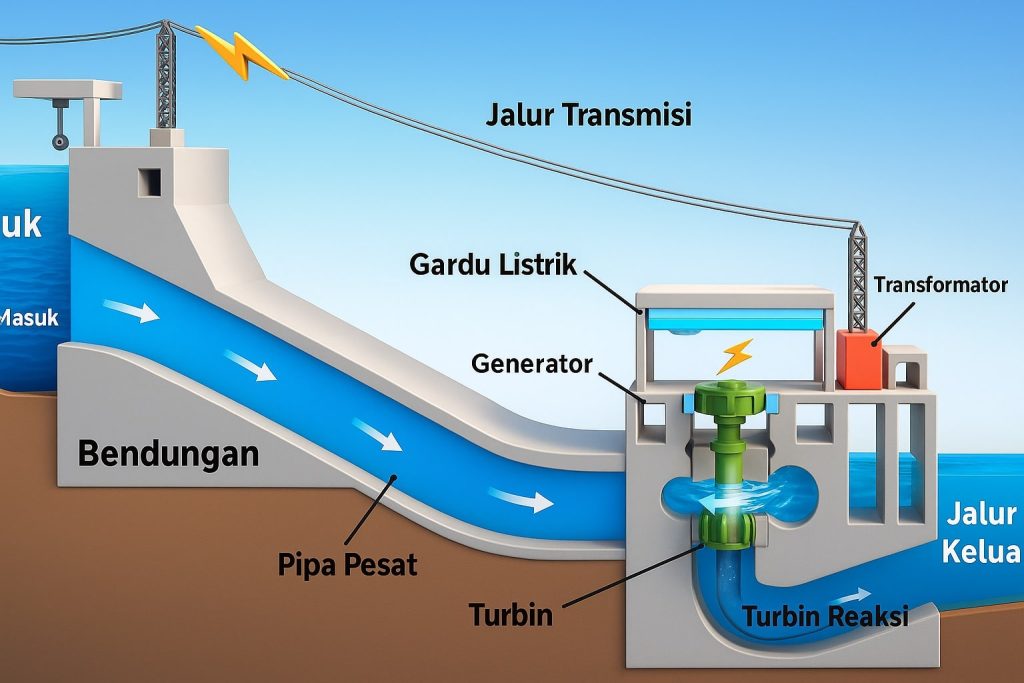 Proses Cara Kerja Pembangkit Listrik Tenaga Air model 3d